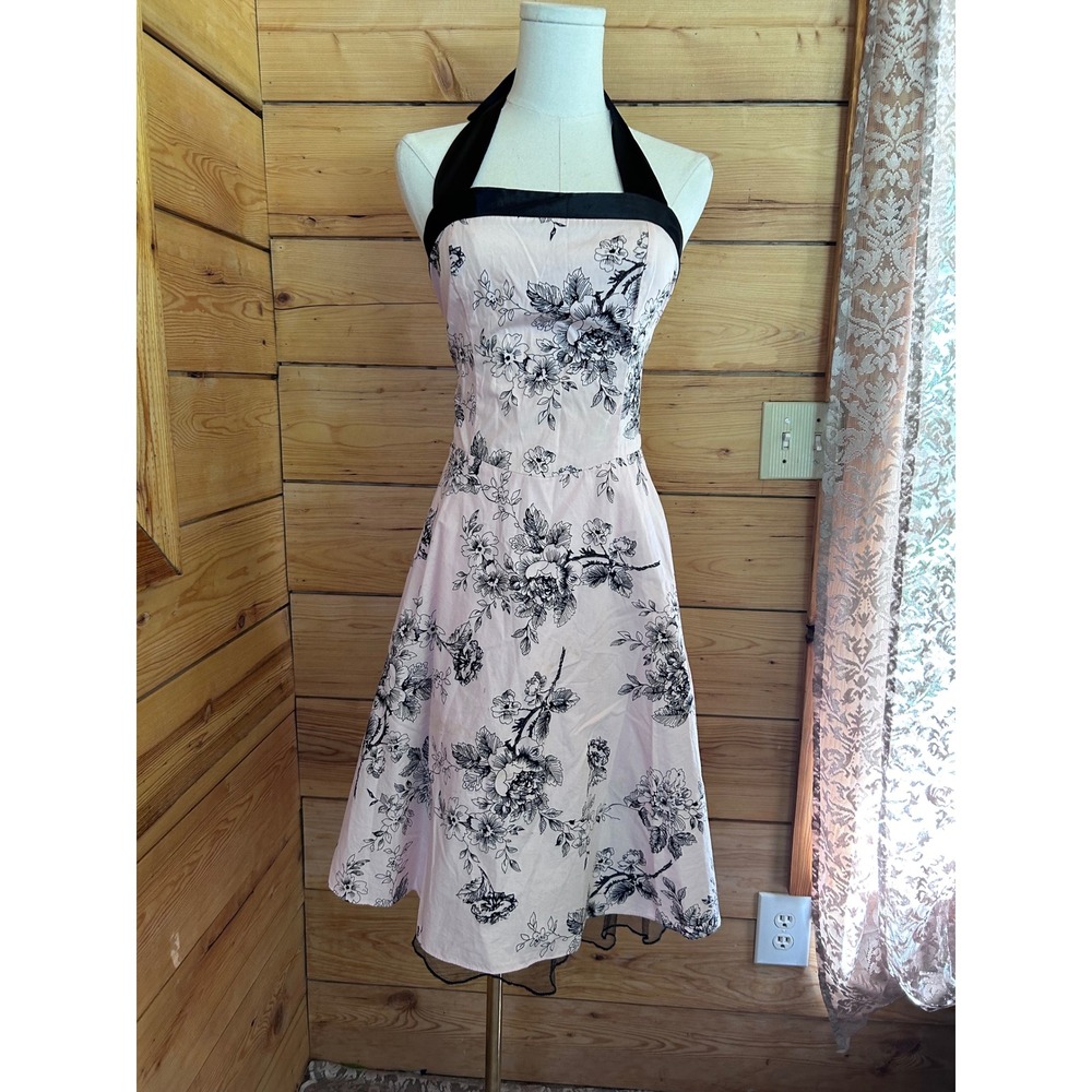 Vintage Floral Halter Dress Size 6 Pink Black Rockabilly Y2K Jessica Pinup Trad - Picture 2 of 13